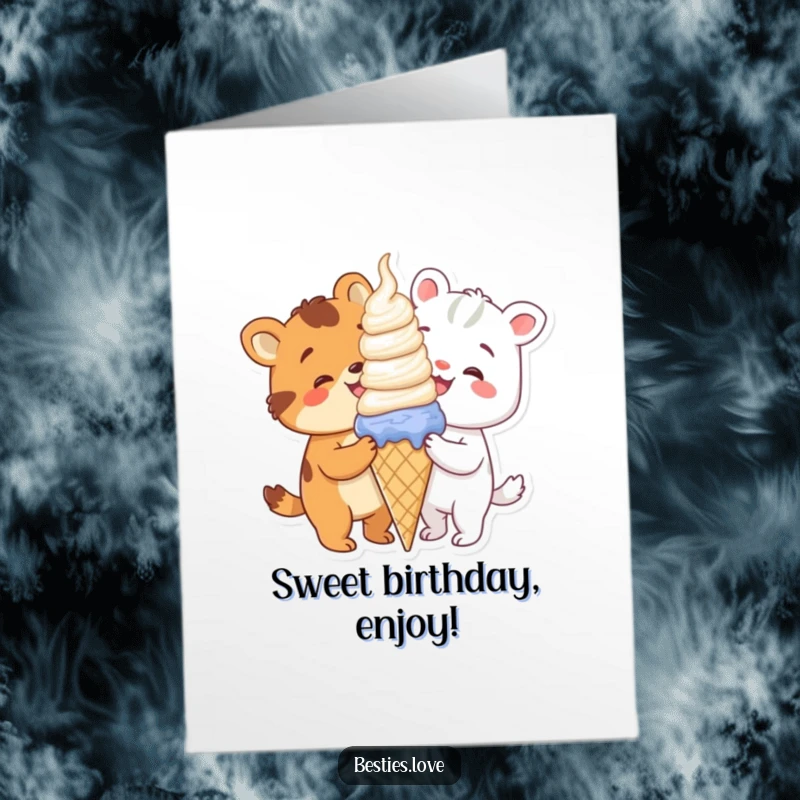 Funny Free Printable Birthday Card featuring two animals sharing a giant ice cream cone with bright smiles, celebrating joy.