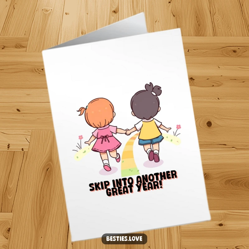 Free Printable Birthday Card showing two happy friends skipping hand-in-hand on a colorful rainbow path, radiating joy. A downloadable gift.