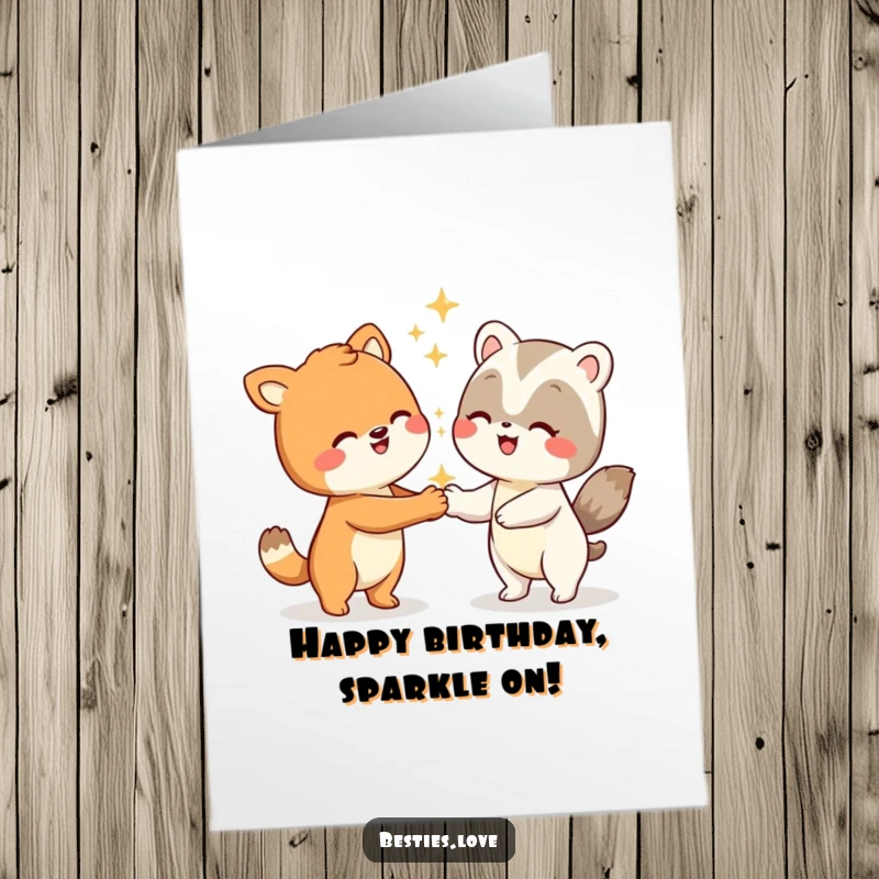 Funny Free Printable Birthday Card: Two smiling animal characters performing a silly, sparkling handshake with great enthusiasm.