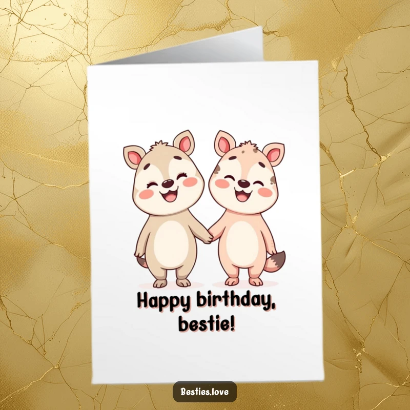 Funny Free Printable Birthday Card showing two silly animals holding hands and smiling broadly, wishing a happy birthday.
