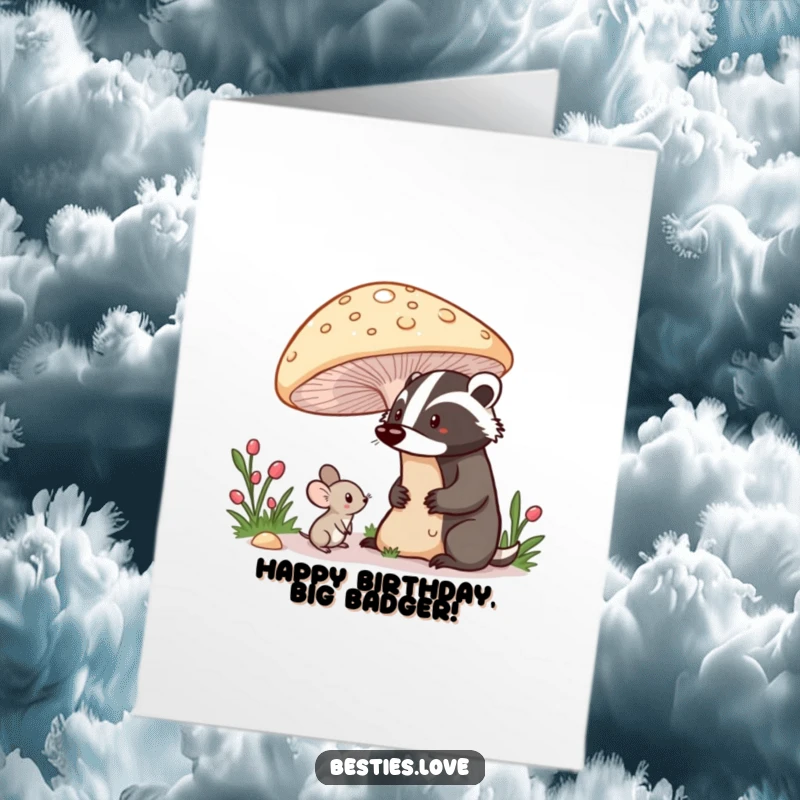 Funny Free Printable Birthday Card: A shy mouse peeking from under a mushroom at a proud badger, a charming woodland scene.