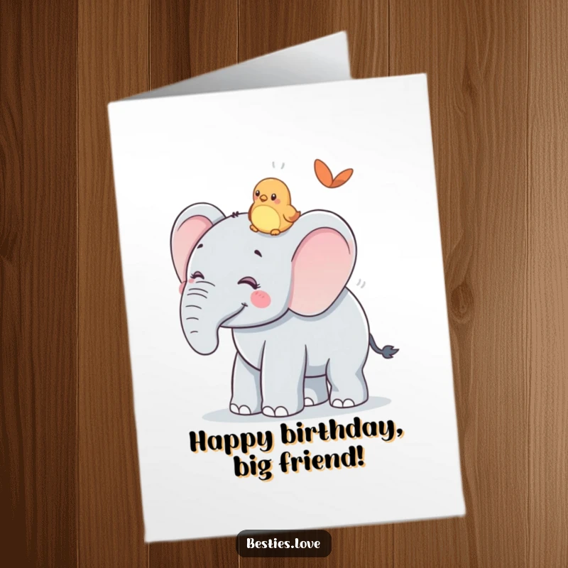 Funny Free Printable Birthday Card with a smiling elephant giving a tiny bird a ride on its back.