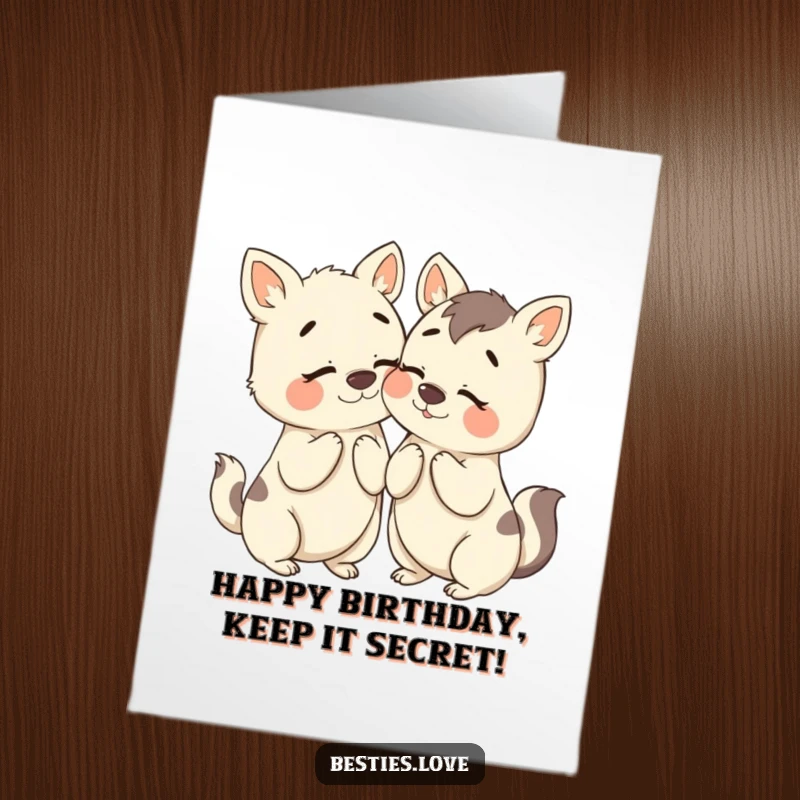Funny Free Printable Birthday Card: Two bestie animals leaning in close, whispering secrets with wildly exaggerated, comical facial expressions. A shared moment.