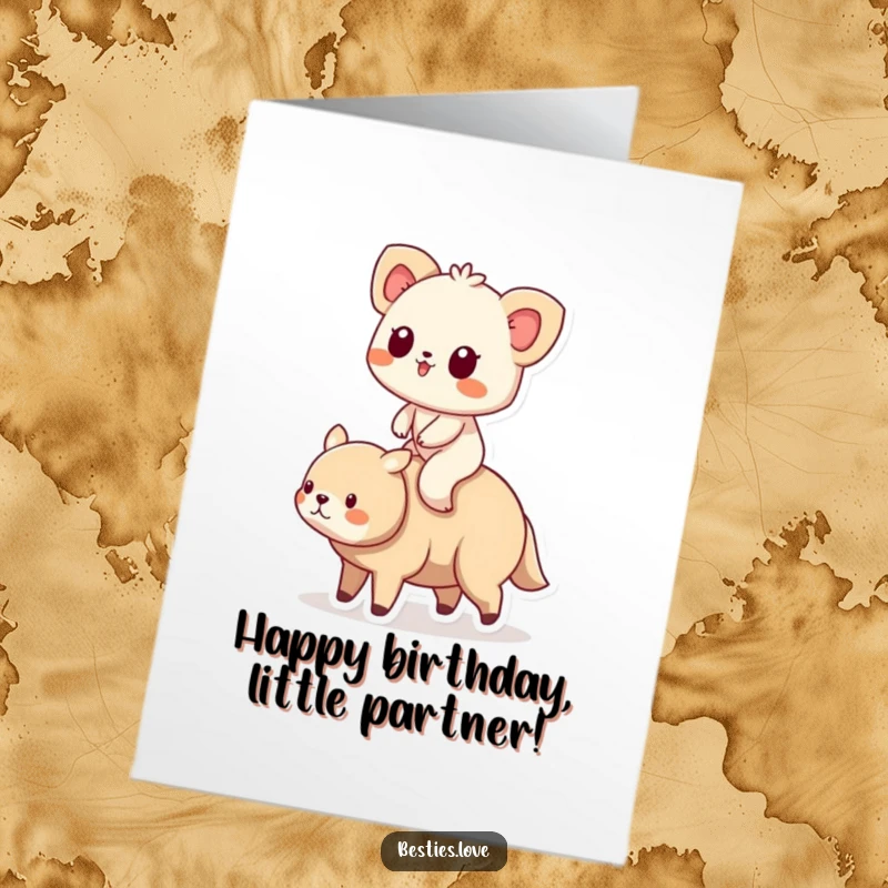 Free Printable Birthday Card featuring a small animal happily riding on the back of a larger, supportive friend. A downloadable gift.