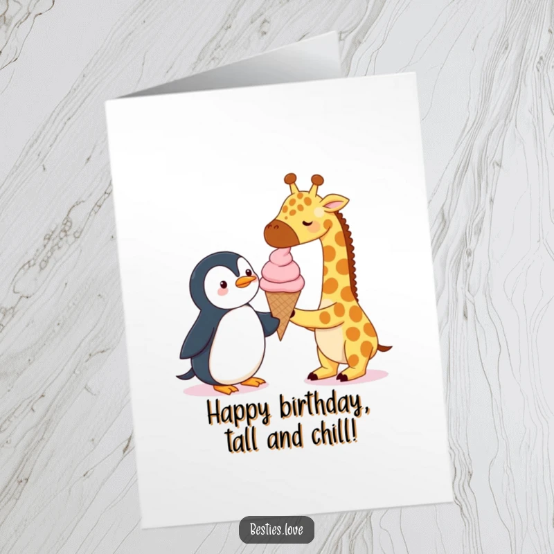 Funny Free Printable Birthday Card showing a giraffe and penguin sharing a giant ice cream cone.