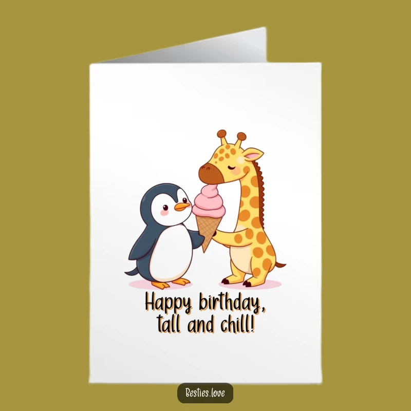 Free Printable Birthday Card: Giraffe & Penguin Ice Cream Funny Downloadable Gift