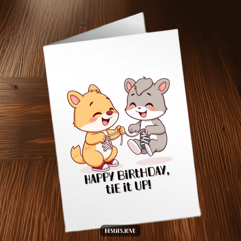 Free Printable Birthday Card featuring one happy animal helping another tie shoelaces with a grin, symbolizing friendship and support.