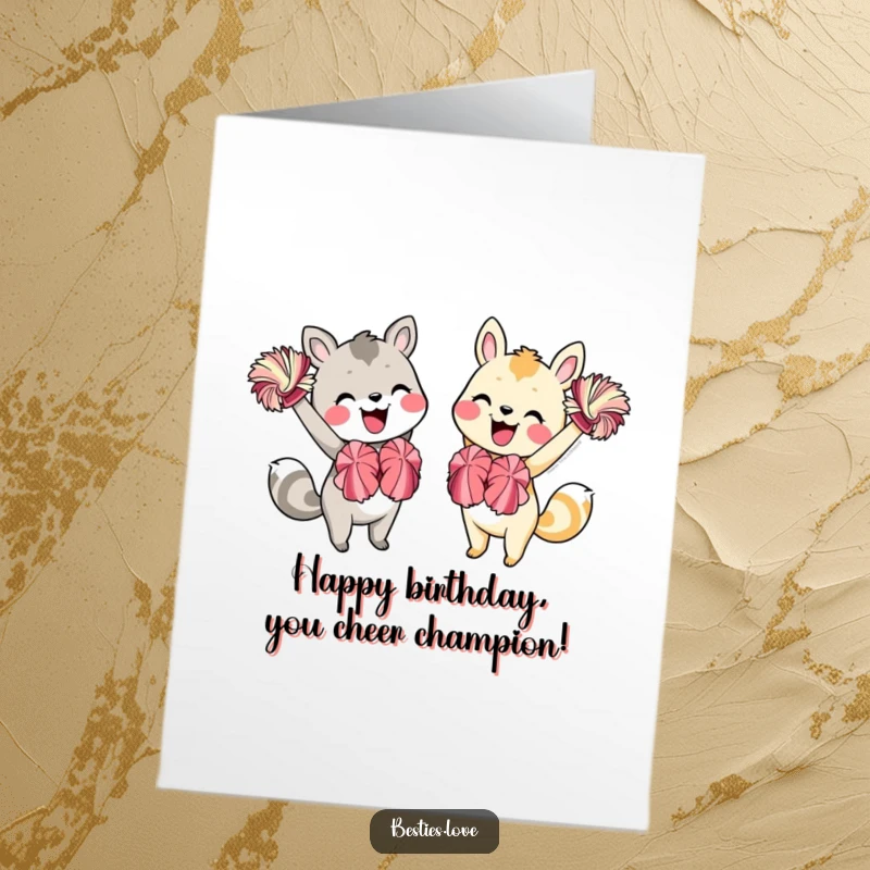 Funny Free Printable Birthday Card: Two animal friends enthusiastically cheering each other on with colorful pom-poms and wide, beaming smiles. A celebratory scene.