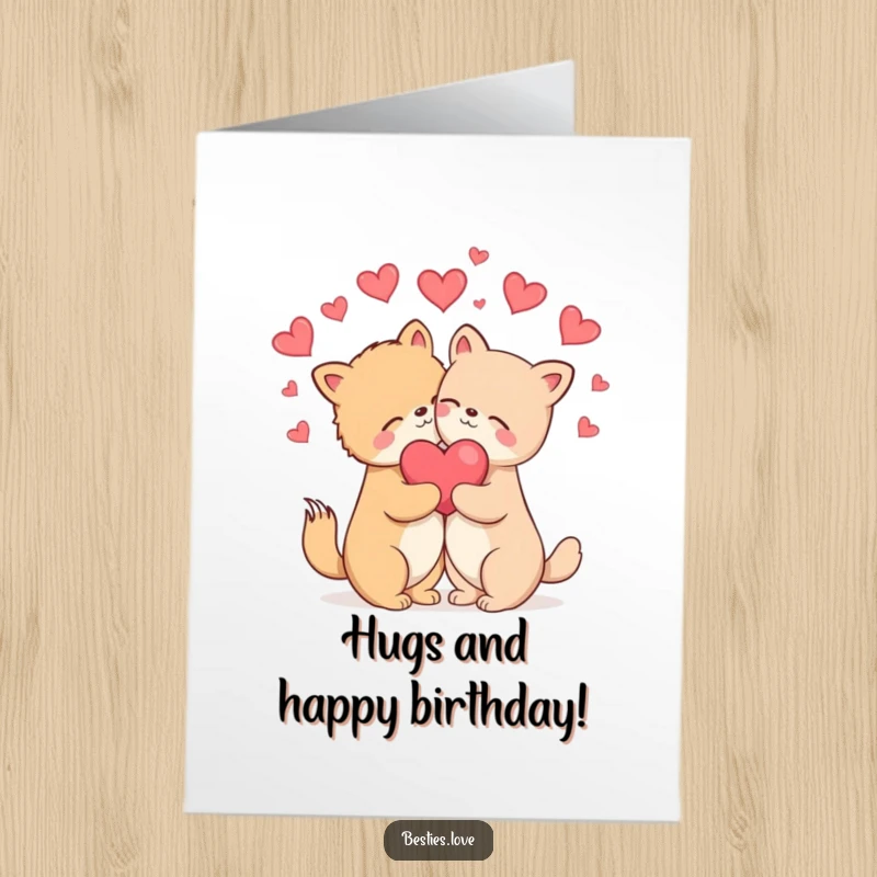 Free Printable Birthday Card: two animals in a blissful hug with hearts floating around them, celebrating love.