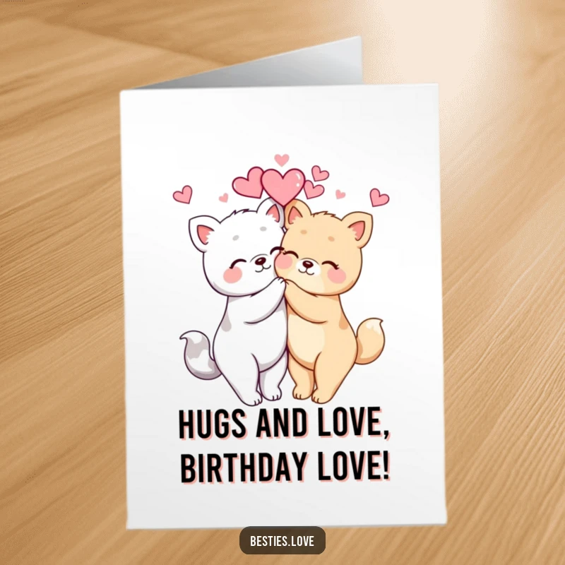 Funny Free Printable Birthday Card featuring two kawaii animals hugging tightly with hearts floating, perfect for a sweet celebration.