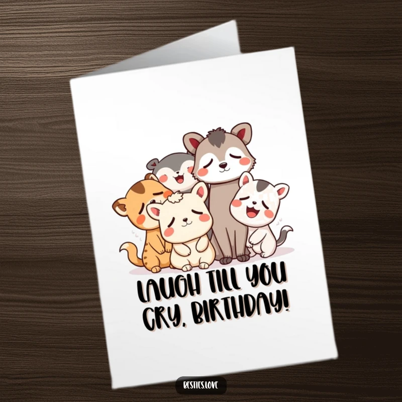 Funny Free Printable Birthday Card: A group of whimsical animal friends laughing so hard their eyes are watering, pure joy.