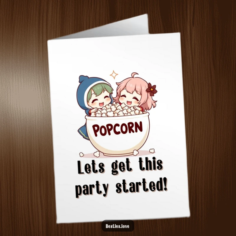 Funny Free Printable Birthday Card: Two characters in stitches sharing popcorn from an enormous bowl.