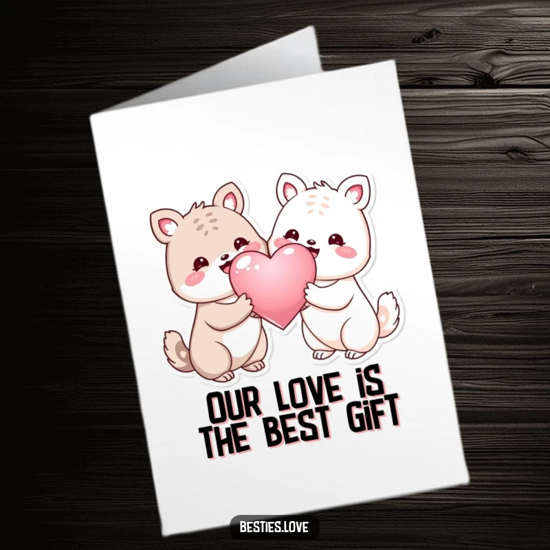 Funny Free Printable Birthday Card: Two smiling animals sharing a big red heart, symbolizing love and joy.