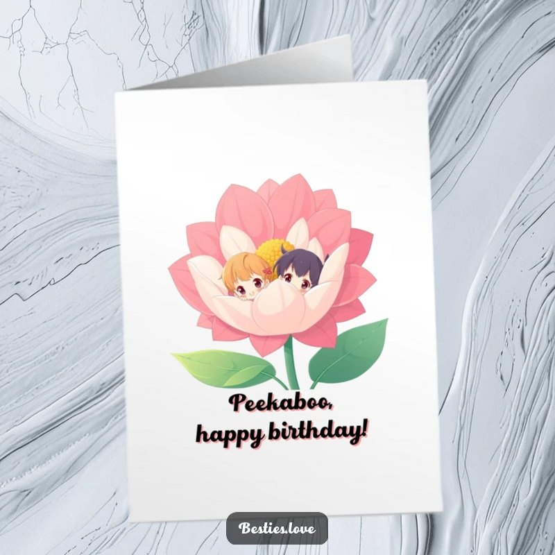 Funny Free Printable Birthday Card: Two characters playfully peeking from behind a huge, vibrant flower.
