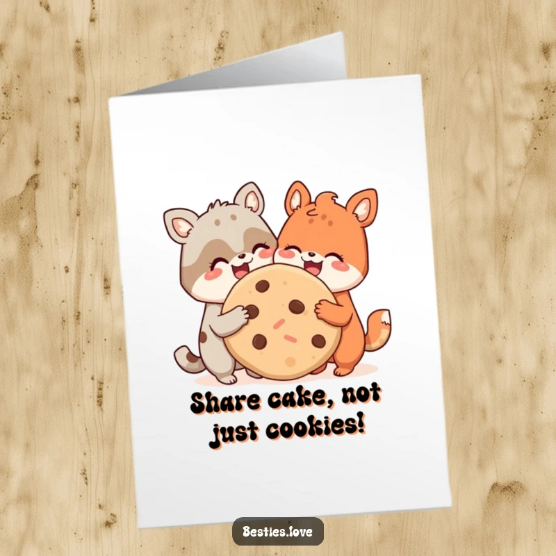 Funny Free Printable Birthday Card featuring two smiling animal pals happily sharing a giant, delicious cookie, perfect for a laugh.
