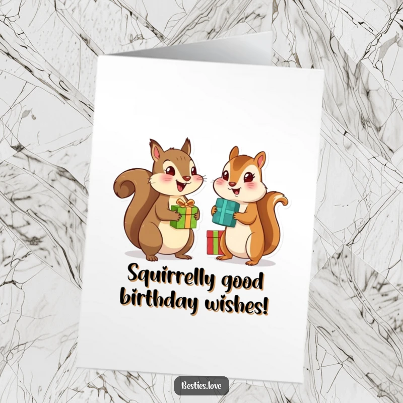 Funny Free Printable Birthday Card: Excited squirrel and chipmunk exchanging gifts, pure joy and friendship.