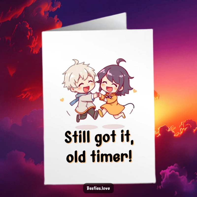 Funny Free Printable Birthday Card: Two cartoon characters joyfully chasing each other in circles, radiating pure, unadulterated glee.