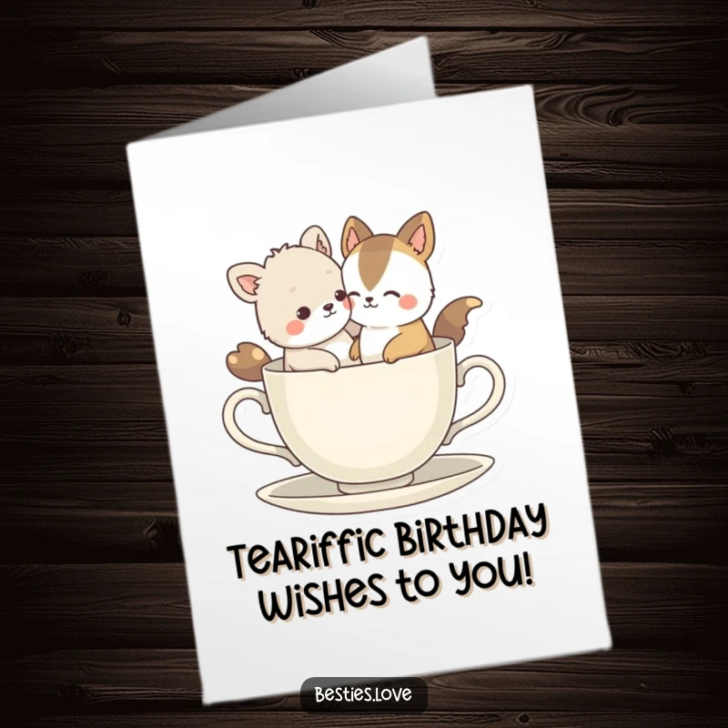 Funny Free Printable Birthday Card: Two bestie animals hilariously squeezed together inside a tiny teacup, bursting with joy. A comical scene.