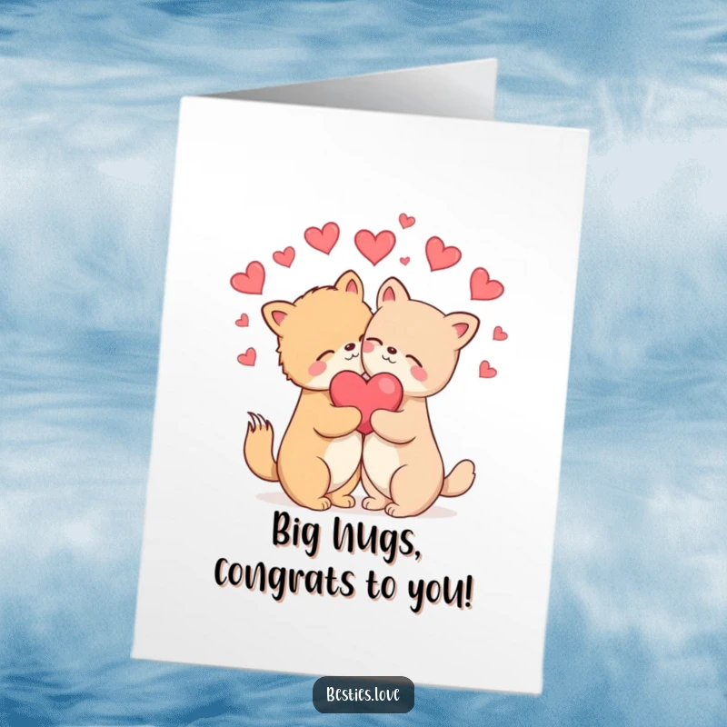 Free Printable Congratulations Card: two animals blissfully hugging with hearts surrounding them, celebrating a wonderful achievement.