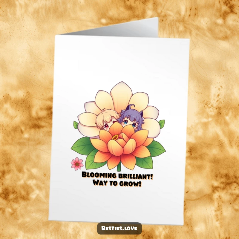 Funny Free Printable Congrats Card: Two quirky characters hiding behind an enormous, bright flower.