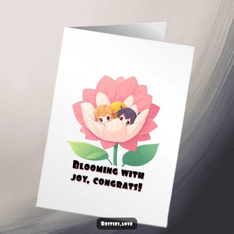 Funny Free Printable Congratulations Card: Two buddies peek from behind a massive, colorful flower, celebrating wins.