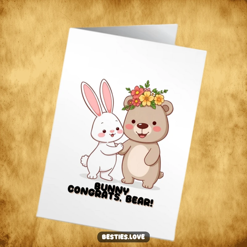 Funny Free Printable Congratulations Card: A bunny gifting a flower crown to a happy bear, celebrating good news.