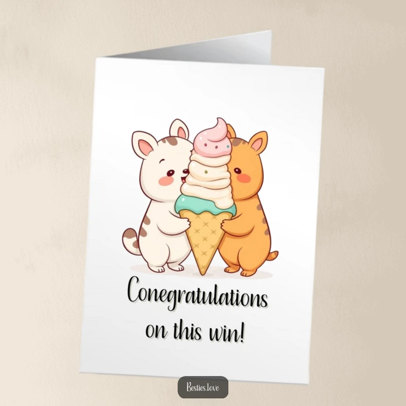 Funny Free Printable Congratulations Card: two cartoon animals share a ridiculously large ice cream cone in celebration.
