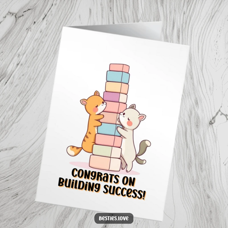 Funny Free Printable Congratulations Card: Bestie animals building a ridiculously tall block tower, celebrating achievement. Collaborative success art.