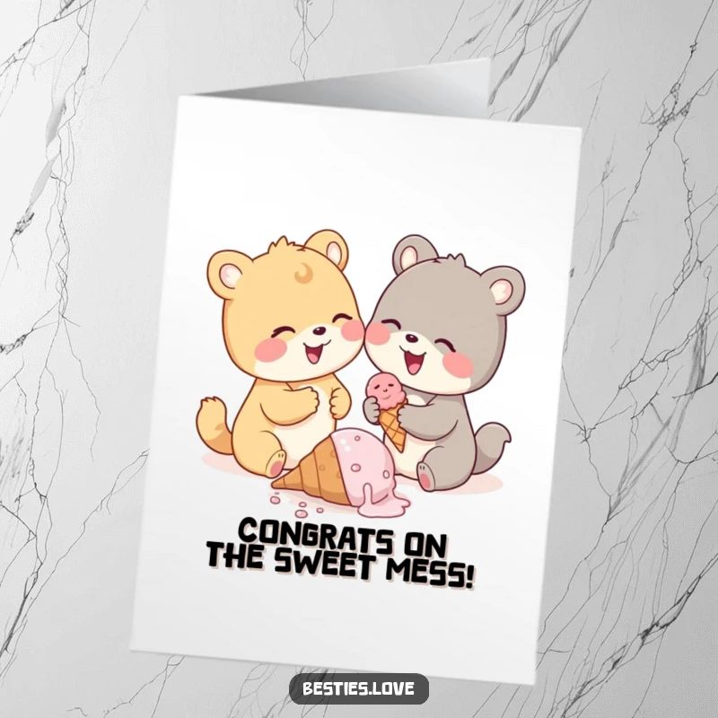 Funny Free Printable Congratulations Card: Cute animal pals sharing giggles over a dropped ice cream cone. Sweet success and humor.