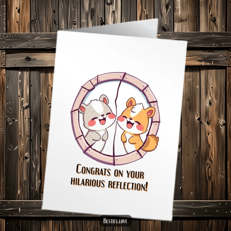 Funny Free Printable Congrats Card: Two animal friends comically pulling silly faces at each other in a cracked mirror, laughing uncontrollably. A fun design.