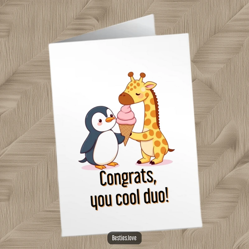 Funny Free Printable Congrats Card featuring an unlikely pair, a giraffe and penguin, sharing an enormous ice cream cone.