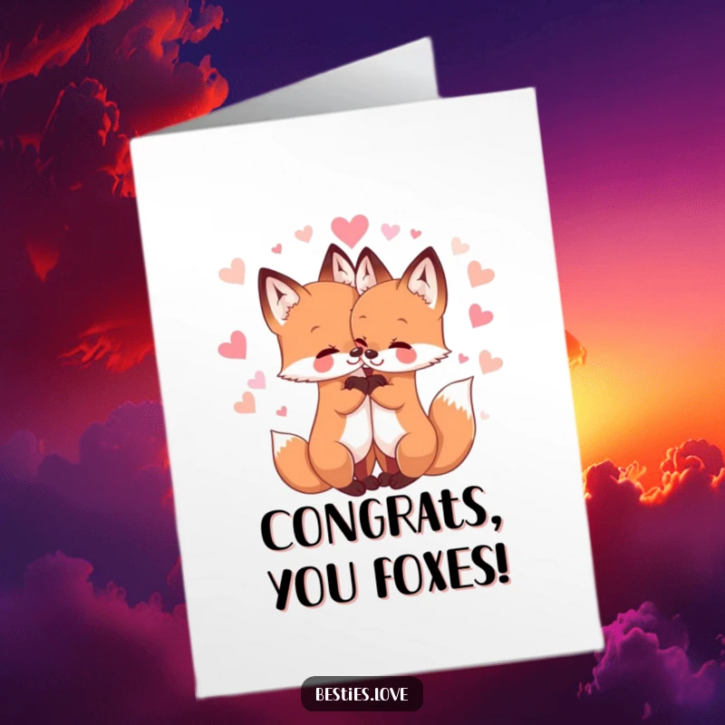 Funny Free Printable Congratulations Card: Two sweet foxes in a tight embrace, amidst sparkling hearts, perfect for celebrating achievements.