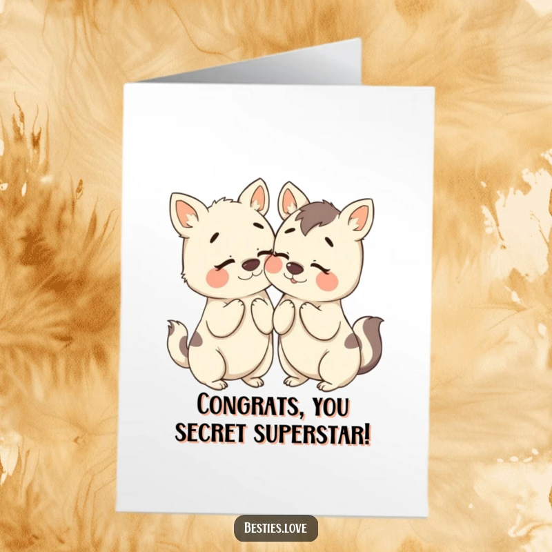Funny Free Printable Congrats Card: Two bestie animals conspiratorially whispering secrets to each other, their faces displaying comically exaggerated expressions. A playful scene.