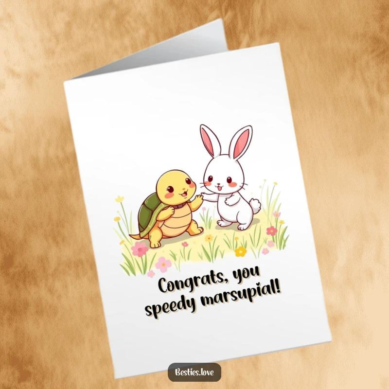 Funny Free Printable Congrats Card depicting a gentle turtle and sprightly rabbit playing tag amidst green grass.