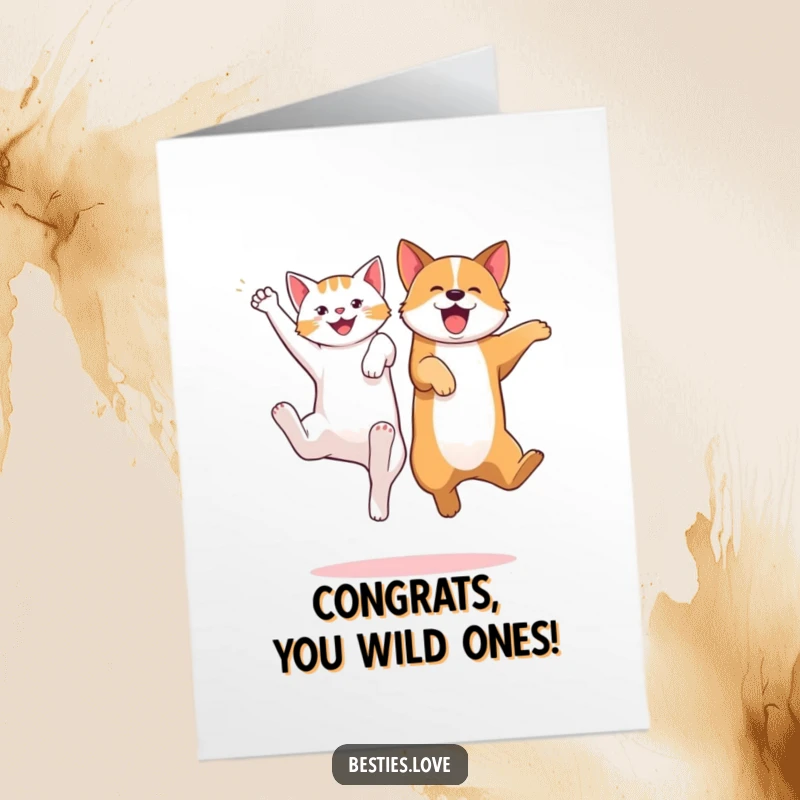 Funny Free Printable Congratulations Card: A playful cat and dog jumping high, legs kicking, expressing pure excitement.