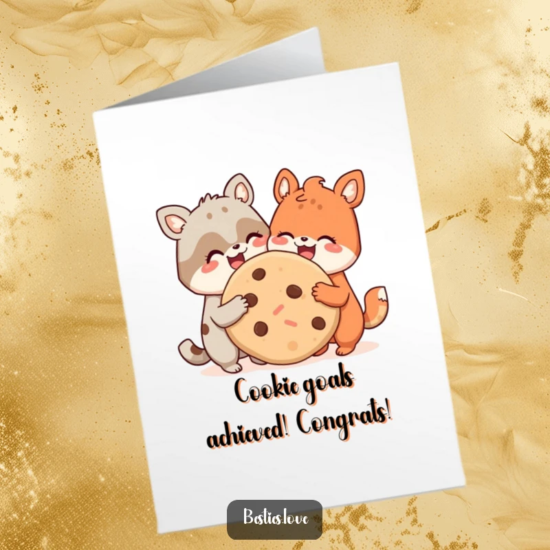 Funny Free Printable Congrats Card showing two happy animal pals sharing a giant cookie, ideal for celebrating big wins.