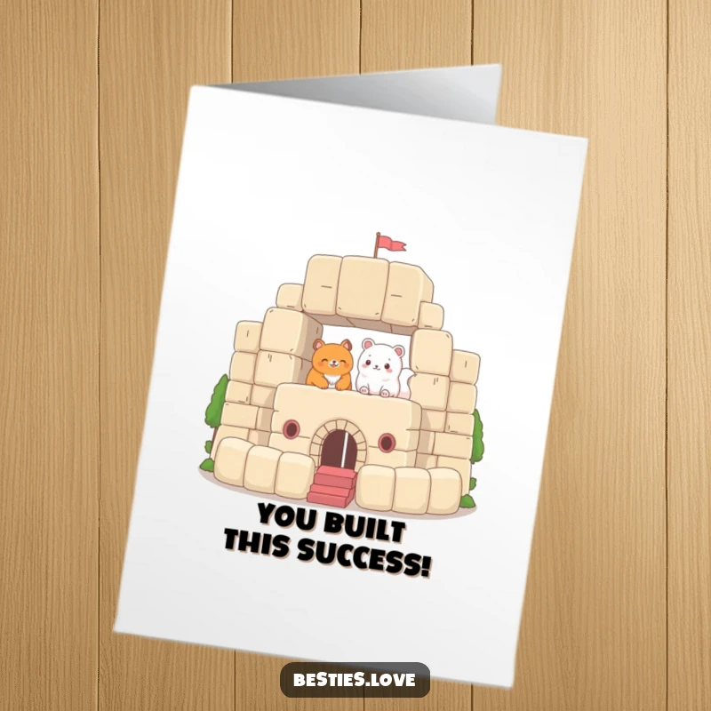 Funny Free Printable Congratulations Card: Two determined animals constructing a grand fort with oversized plush blocks, representing achievement.