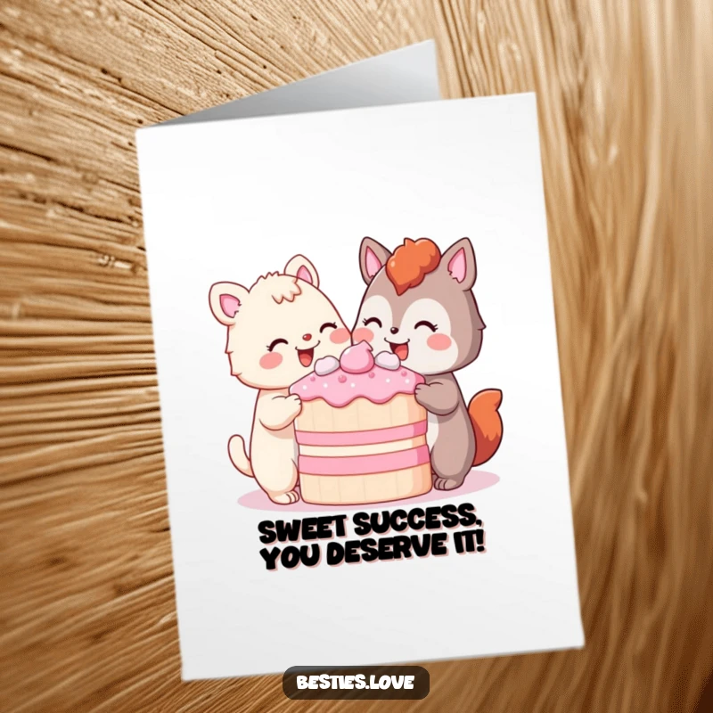 Funny Free Printable Congratulations Card: Two happy animals enjoying a massive piece of cake together, showcasing shared joy.