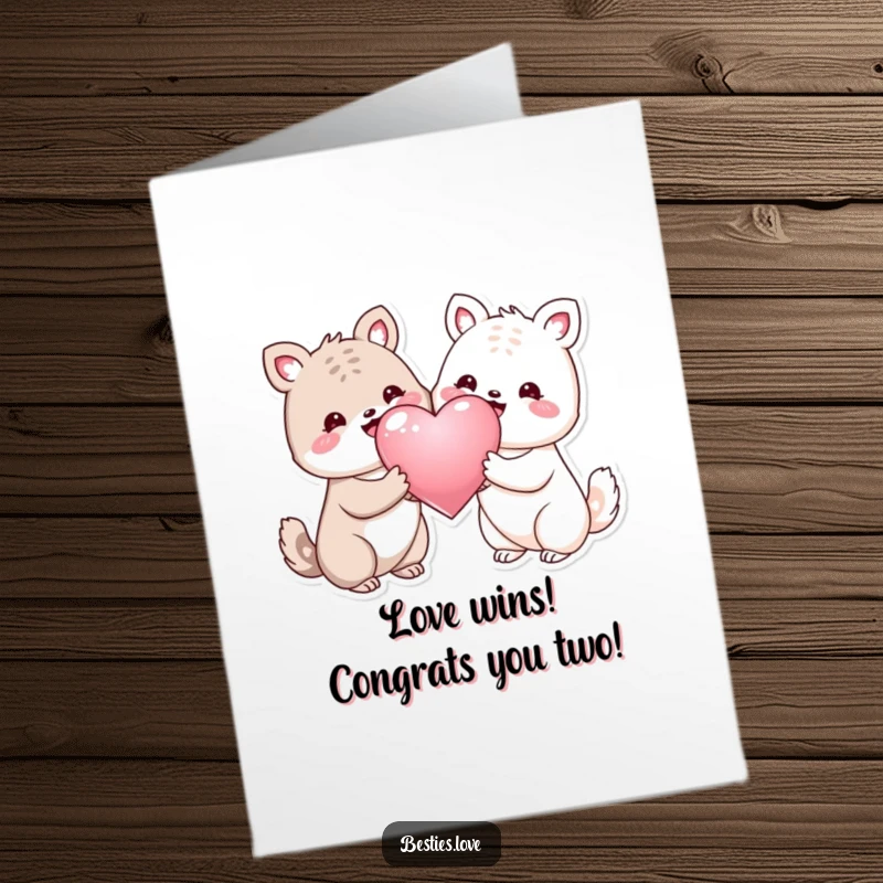 Funny Free Printable Congratulations Card: Two delighted animals bonding over a giant, sparkling heart symbol.