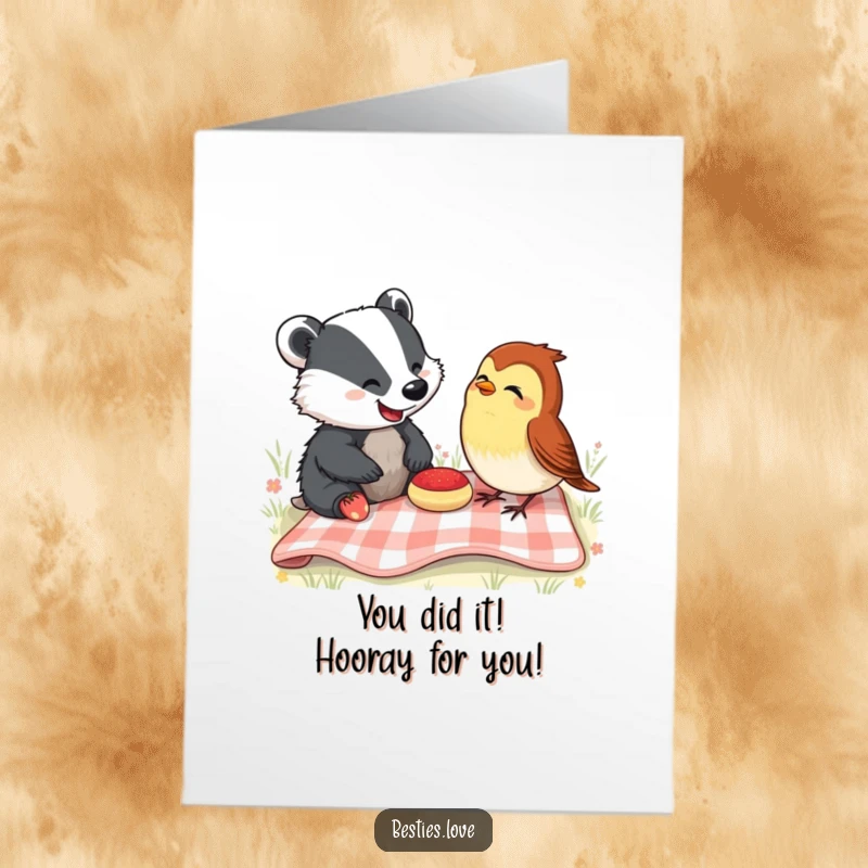 Funny Free Printable Congrats Card showing a badger and robin picnicking and sharing a good laugh.