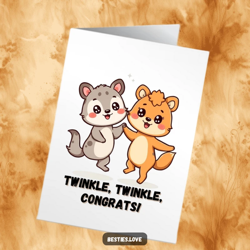 Funny Free Printable Congratulations Card: Two animals dancing with starry eyes, celebrating joyous occasions.