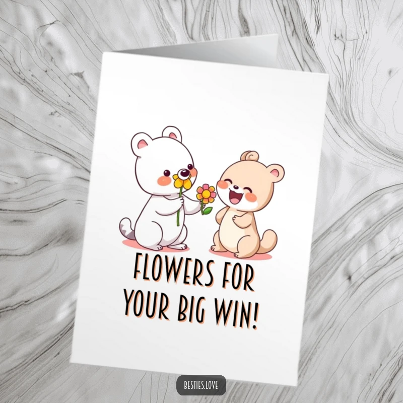 Funny Free Printable Congratulations Card: A cute animal offering a colorful flower to a gleefully laughing friend.