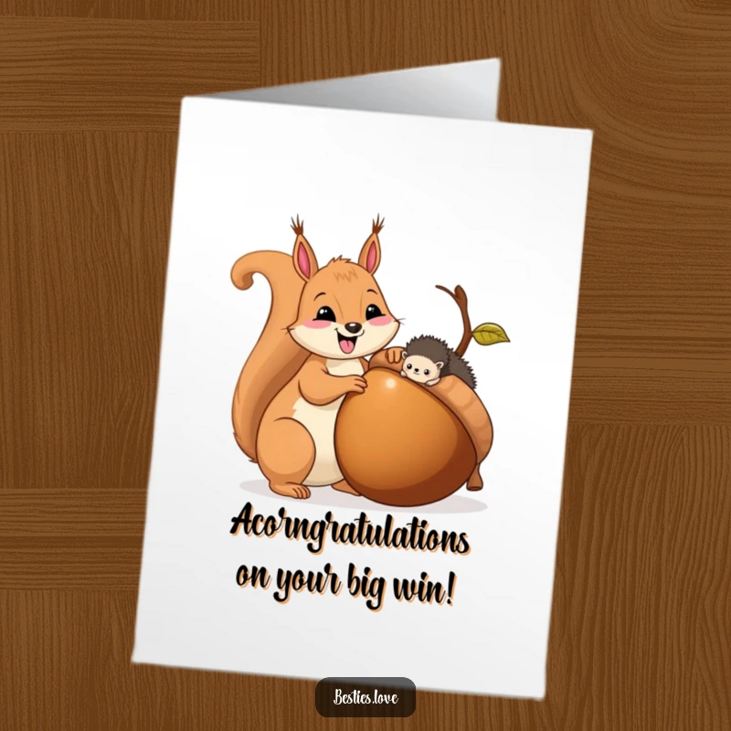 Funny Free Printable Congratulations Card showing a squirrel generously sharing an acorn with a tiny hedgehog.