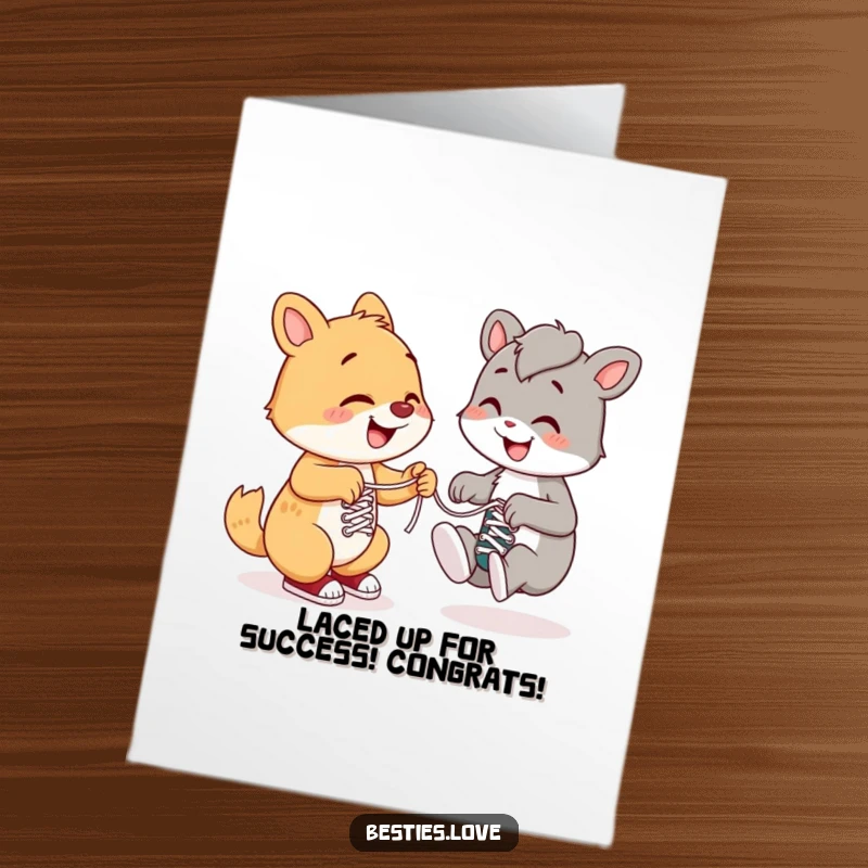 Free Printable Congrats Card with a happy animal assisting another with shoelaces, signifying camaraderie and shared success.