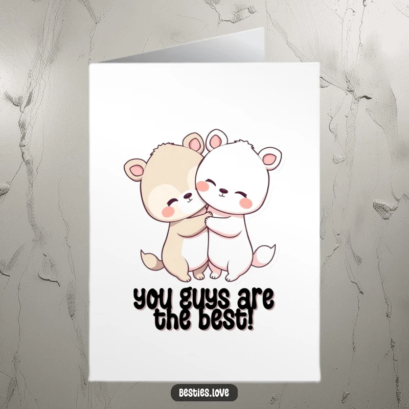 Free Printable Congratulations Card: Two very cute animals with large heads and short limbs embracing warmly, celebrating.