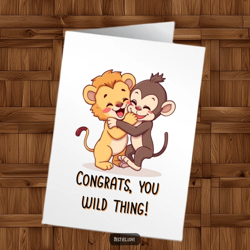 Funny Free Printable Congrats Card depicting a lion cub and monkey engaged in a joyful, playful wrestling match.