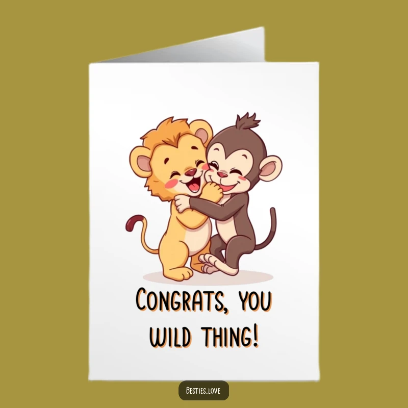 Free Printable Congrats Card: Lion & Monkey Wrestle Funny Downloadable Gift