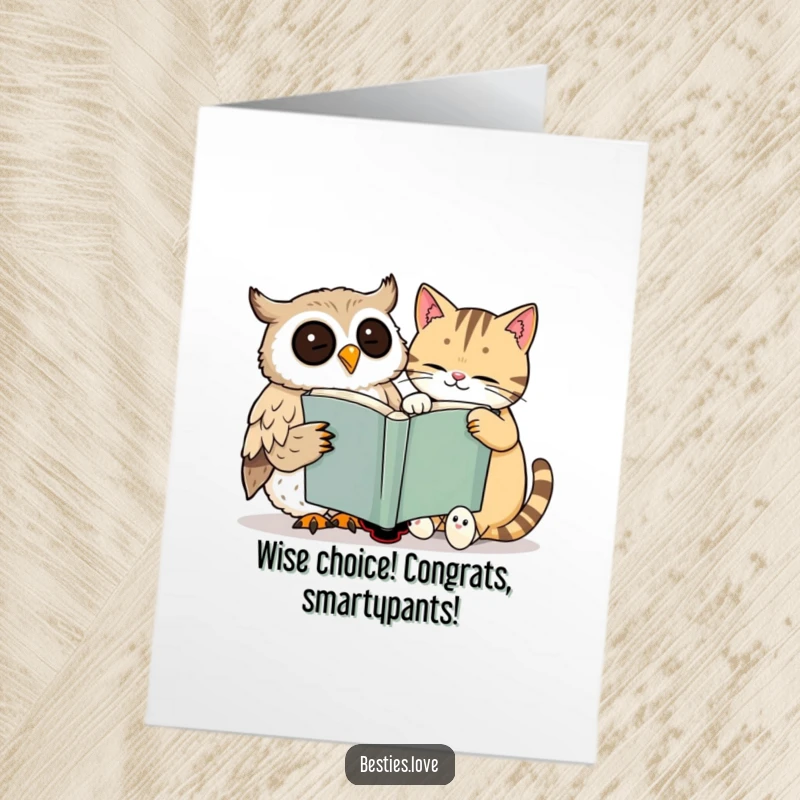 Funny Free Printable Congratulations Card: A cheerful owl and sleepy cat smiling, reading a large book together.