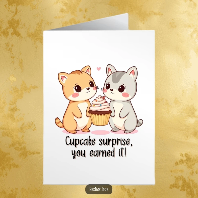 Funny Free Printable Congratulations Card: two animals express surprise over a tiny floating cupcake, signifying success.