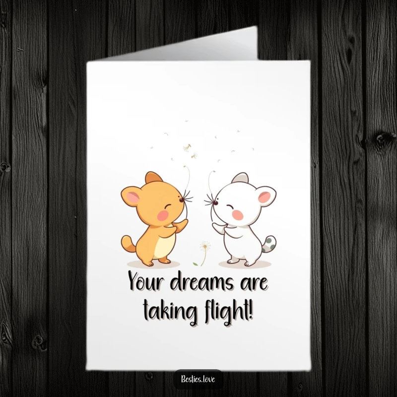 Free Printable Congratulations Card showing two animals blowing dandelion seeds, symbolizing wishes and new opportunities. A downloadable gift.